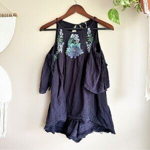 Free People Embroidered Cold Shoulder Top